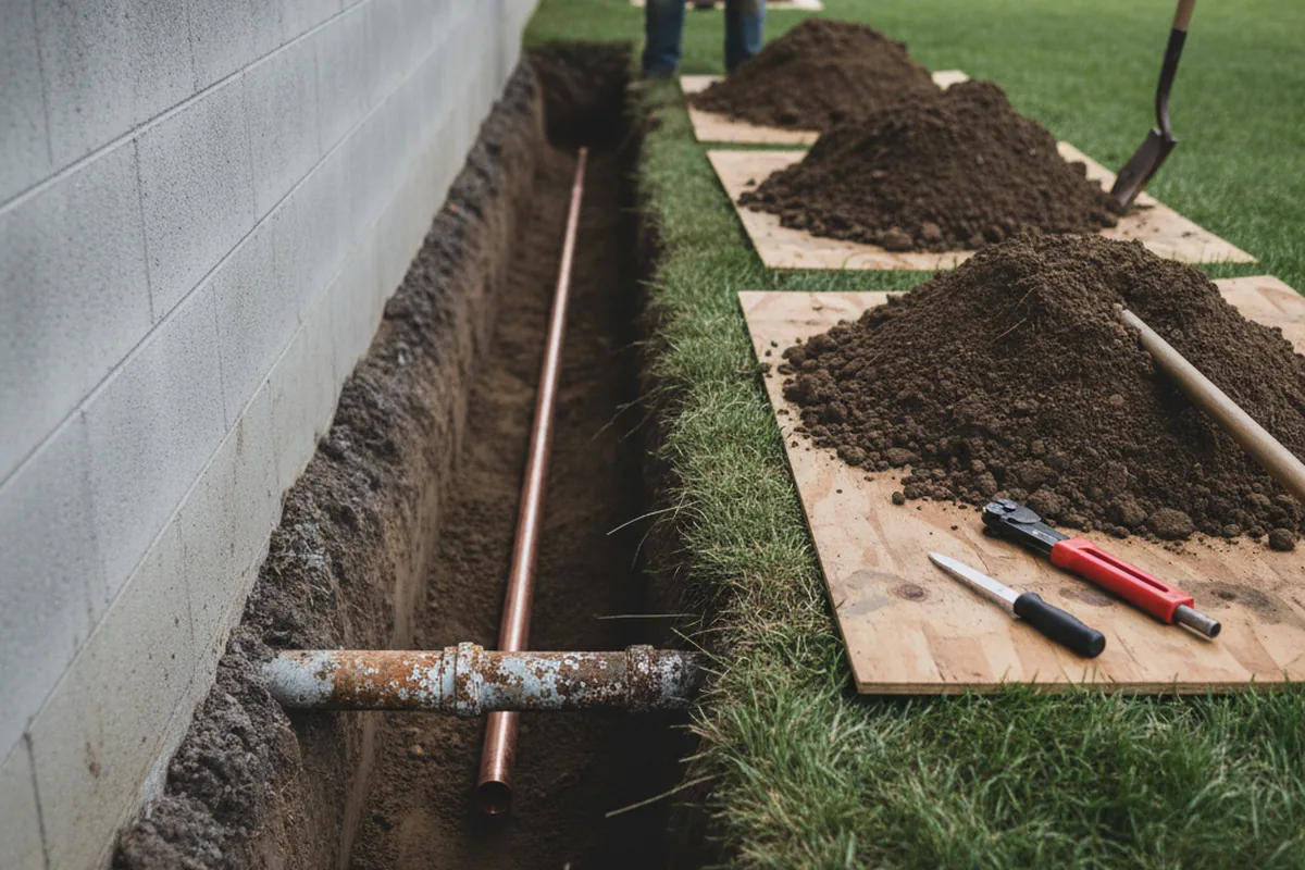 Excavated water line trench during Water Heater Repair in Waynesboro